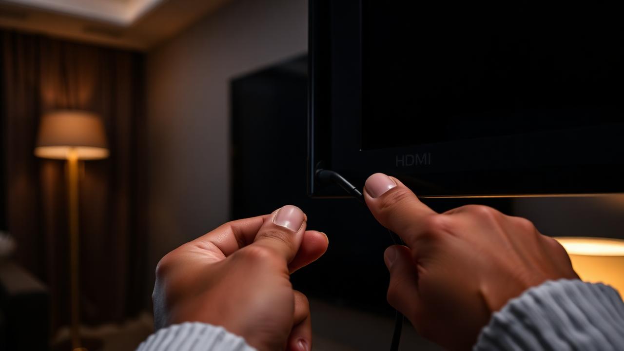 Hands plugging an HDMI cable into the back of a wall-mounted TV